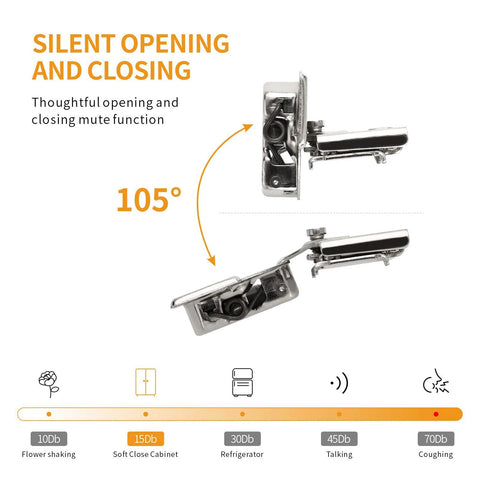 Two satin-nickel stainless steel concealed face-frame cabinet hinges, 1/2 inch overlay, 105° open angle, soft-close.