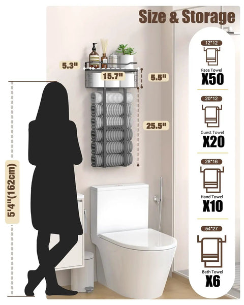 All Black 31 Inch Wall Mounted Towel Rack With Floating Wood Shelf And Top Basket, showing towel capacity and dimensions.