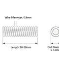 Diagram of 10Pcs Extension Compression Springs Kit with 0.8mm wire, 12mm outer diameter, and 10-50mm lengths.