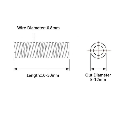 Diagram of 10Pcs Extension Compression Springs Kit with 0.8mm wire, 12mm outer diameter, and 10-50mm lengths.