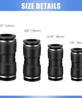 All in One 40 Piece Push to Connect Fittings Kit for Pneumatic Air Lines with size details, 1/4 to 1/2 inch black fittings