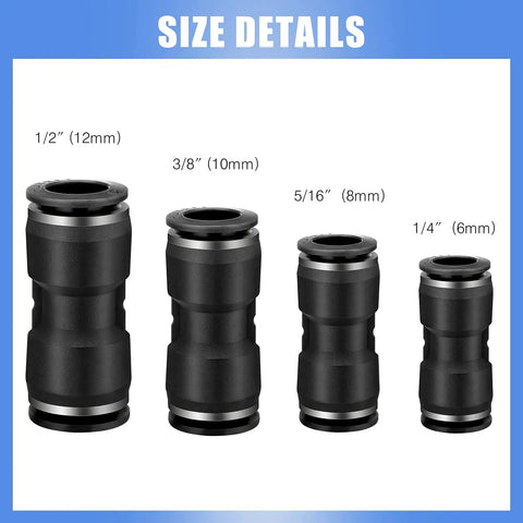 All in One 40 Piece Push to Connect Fittings Kit for Pneumatic Air Lines with size details, 1/4 to 1/2 inch black fittings