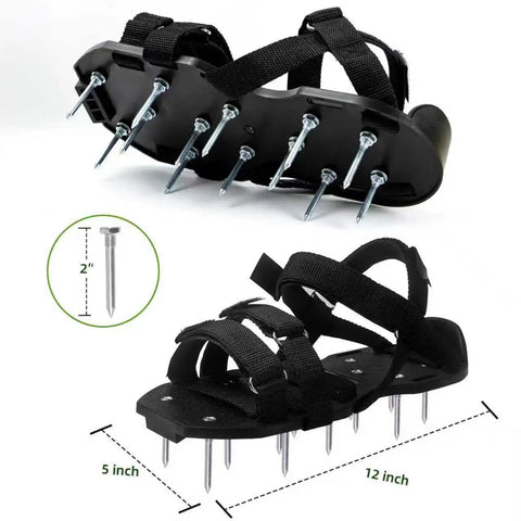Heavy Duty Lawn Aerator Shoes With Stainless Steel Shovel Included Adjustable Fit For Men And Women Lawn Aeration Boots With Hook And Loop Straps Perfect For Yard And Patio Care, showing side view with 2-inch spikes and dimensions.