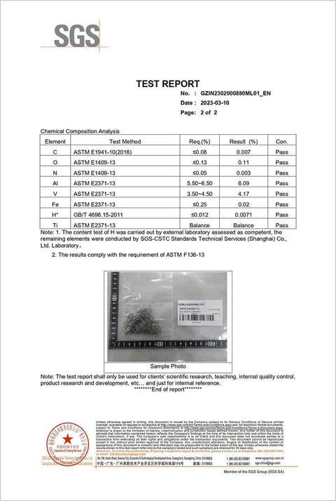 SGS test report showcasing chemical composition analysis results for titanium alloy, including sample photo and compliance notes.