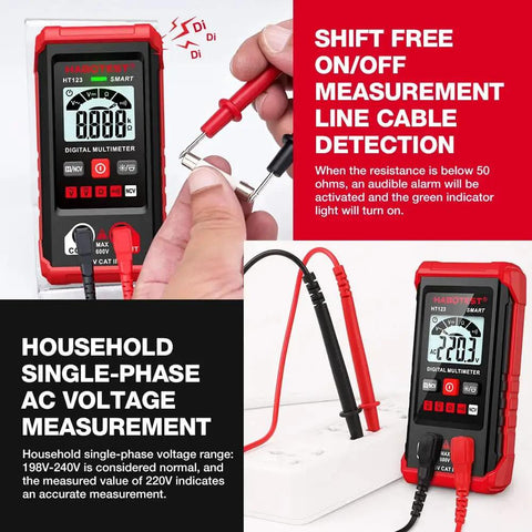 Your Go To Digital Multimeter With LED Backlight Non Contact Voltage Detection shown with probes and display