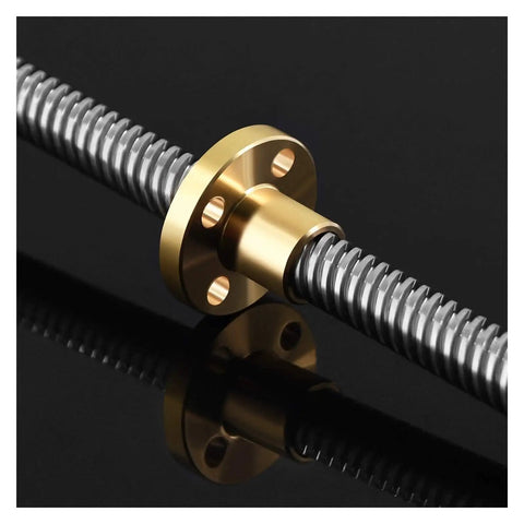 Close-up of brass nut on stainless steel rod from 2 Pack T8 Leadscrews With Brass Nuts And Stainless Steel Rods, 500mm Length, 2mm Pitch