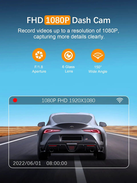 FHD 1080P Car Dash Cam With Night Vision 150 Degree Wide Angle 6G Lens WDR display with car on road