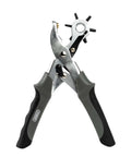 Front view of Beefy Revolving Punch Pliers Set with Six Hole Sizes for Leather Rubber and Plastic, ergonomic grip, sharp punch tips.