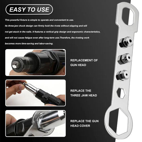 Rivet Gun Adapter Kit For Cordless Drill Riveter With 2.4mm 3.2mm 4.0mm 4.8mm Rivet Heads and ergonomic grip details