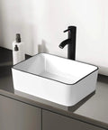 Rectangle Vessel Sink With Faucet In White Porcelain Above Counter Bathroom Basin With Black Edge Modern 16 By 12 Inch Vanity Countertop