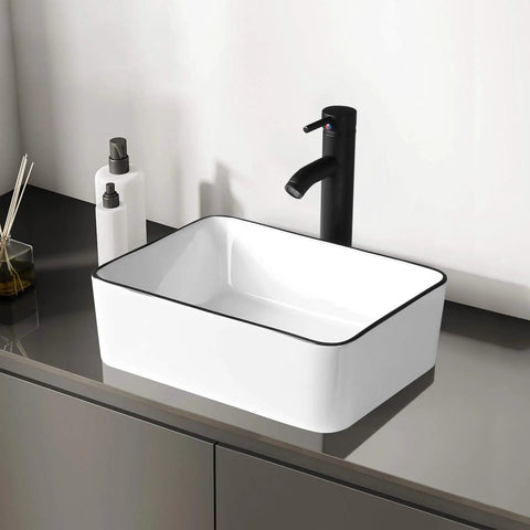 Rectangle Vessel Sink With Faucet In White Porcelain Above Counter Bathroom Basin With Black Edge Modern 16 By 12 Inch Vanity Countertop