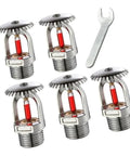 Heavy Hitter Quick Response Fire Sprinkler Heads Five Pack with red liquid and wrench for upright mounting and 0.5 inch pipe.