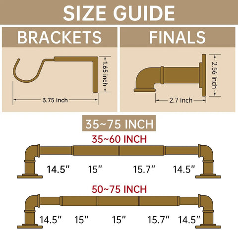 Size guide for Heavy Duty Adjustable Curtain Rod Kit 35 To 75 Inches Seven Eighths Inch Diameter Black With Aluminum End Caps.