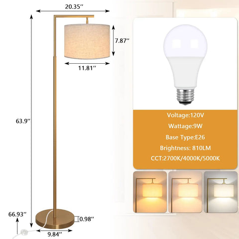 3 Color Temperature Gold Floor Lamp Dope Sleek Mid Century Modern Brass Standing Lamp With Hanging Drum Shade and LED Bulb Specs