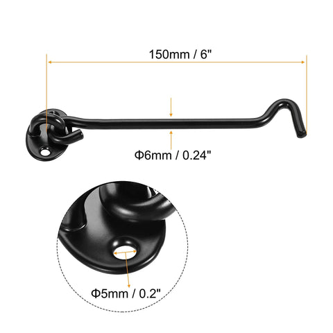 Hook Lock Snap Latch for Gate Cabin Revolving Door Window 201 with Screws, black metal latch showing dimensions 150mm and 6mm.