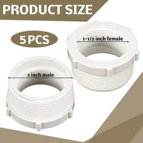 Five-pack PVC pipe fittings 2 inch male to 1-1/2 inch female thread reducer adapters for connecting pipes and sink drains