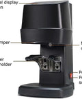 Professional 58 Mm Coffee Tamper Machine With Auto Fill And Tamp System Plus Six Height Options For Dead Flat Espresso Beds No Fuss Cleanup And Lockdown Portafilter Mount side view with digital display and portafilter holder.
