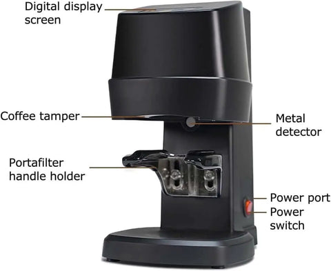 Professional 58 Mm Coffee Tamper Machine With Auto Fill And Tamp System Plus Six Height Options For Dead Flat Espresso Beds No Fuss Cleanup And Lockdown Portafilter Mount side view with digital display and portafilter holder.
