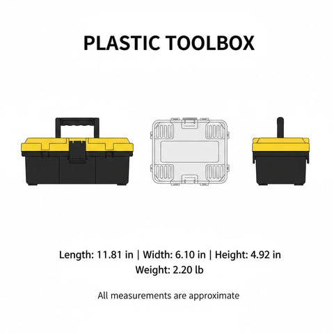 Compact Portable Toolbox With Handy Carry Handle For Tools And Hardware Durable PP Storage Box For Screws Nails And Small Parts Ideal Car Trunk Or Garage Organizer For Home DIY And Workshop Grab And Go, front and side view dimensions