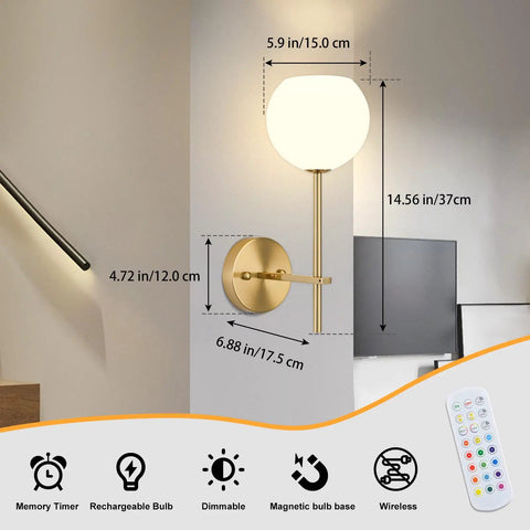 Gold Wireless Wall Sconces Set Of Two With Rechargeable Battery And Remote features a spherical bulb, mounted in bedroom.