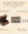 20 Pack Decorative Box Hinges One Point Seventy Seven Inch Bronze Zinc Alloy With Scalloped Edge displayed with a wooden box and screws