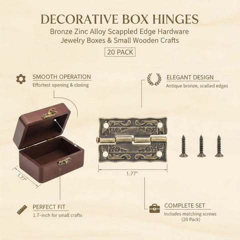 20 Pack Decorative Box Hinges One Point Seventy Seven Inch Bronze Zinc Alloy With Scalloped Edge displayed with a wooden box and screws