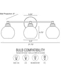 Diagram of 22 Inch Modern Three Light Vanity Bathroom Light With Clear Glass Globe Shades And Warm Brass Finish dimensions and bulb details.