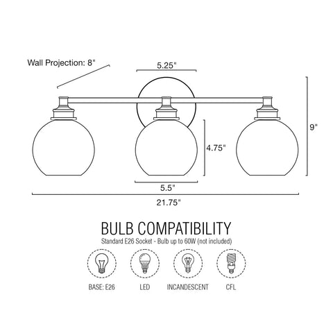 Diagram of 22 Inch Modern Three Light Vanity Bathroom Light With Clear Glass Globe Shades And Warm Brass Finish dimensions and bulb details.