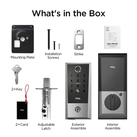 Next Level Smart Front Door Lock Featuring Lightning Fast Fingerprint Keyless Entry Deadbolt With Zero Fret AI Unlocking For Rock Solid Home Security And Easy Peasy Access components and accessories displayed in box arrangement.