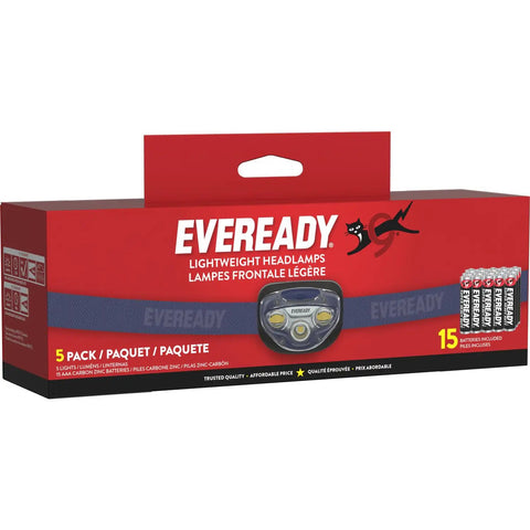 Packaging of LED Headlamps Pro200 Five Pack Batteries Included IPX4 Water Resistant Hands Free Light For Camping Hiking Emergency Power Outage