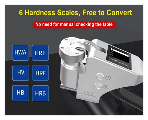 High Performance Digital Hardness Tester Designed For Hella Accurate Metal Testing On Steel And Aluminum Incorporating Auto Lock Readout And Six Versatile Measurement Scales display with six hardness scale options.