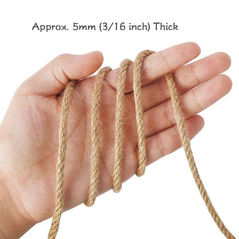 Close-up image of a hand holding 5mm Jute Rope 100 Feet 4-Ply Twisted Beefy Heavy Duty Thick Twine For Gardening Crafting Bundling Cat Scratching Posts Home Decor And Christmas Decorations