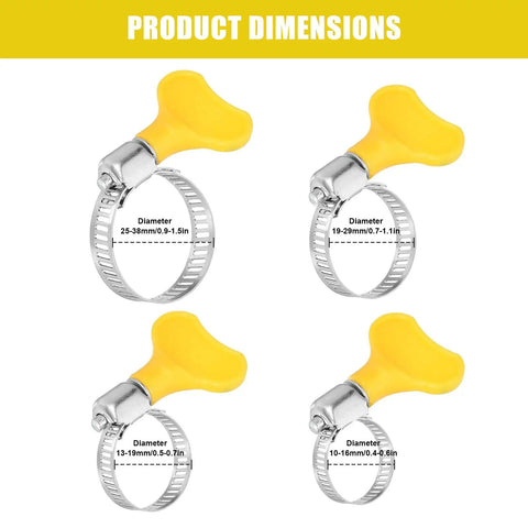 4 Pack Yellow Stainless Steel Hose Clamps With Adjustable Thumb Screw Key Style Worm Gear Design For Heavy Duty Plumbing And Auto Jobs Corrosion Resistant Leak Proof Grip Easy Install