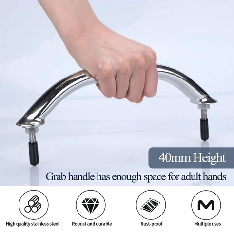 Marine Grade 316 Stainless Steel 8 Inch Boat Grab Bar Polished Handrail Heavy Duty with hand gripping the bar.