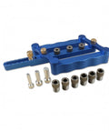 Straight Up Precision Drill Guide Jig And Router Alignment Tool For Woodworking with blue aluminum frame and locating pins.
