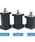 Heavy Duty Planetary Reducer For Nema 23 34 42 Stepper Worm Gear Design That Crushes Vibration While Serving Smooth As Butter Torque In 5 To 1 And 10 To 1 Ratios For Drives Built Tough For Daily Grind, showing three different sizes.