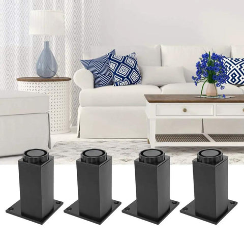 Adjustable Aluminum Cabinet Feet Set In Black Four Pack displayed with modern sofa setup.
