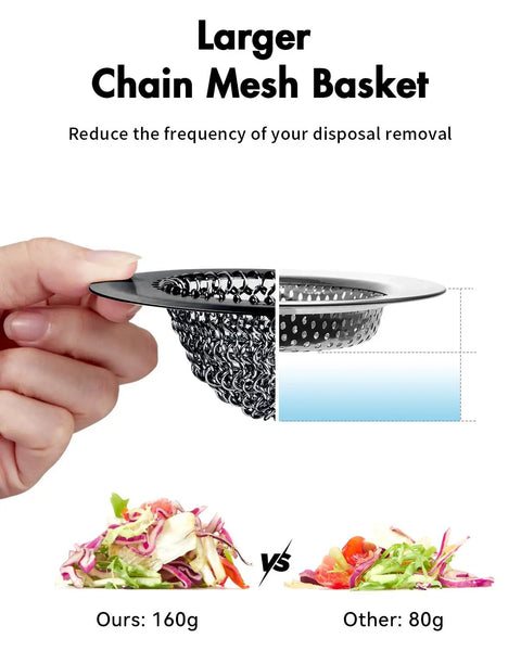 Zero Hassle Kitchen Sink Drain Strainer Featuring A Patent Flip Bottom Design And Sleek Black Chain Mesh Basket comparison with larger capacity