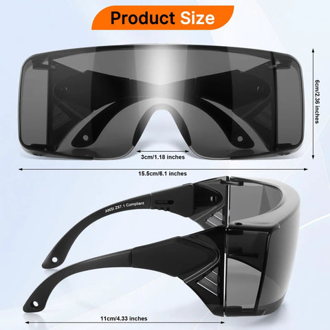 No Sweat Anti Fog Safety Glasses With ANSI Z87 Toughened Lenses UV400 Anti Scratch Side Shields And Quick Adjust Temples For Daily Jobsite Heavy Lifters In A Reliable Three Pack Gray Kit size dimensions showing lens and temple measurements.