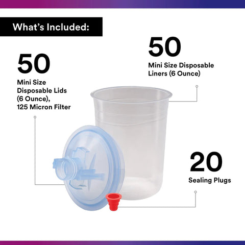 Mini 6 Oz PPS Paint Cup Lids And Liners Kit with disposable lids, liners, sealing plugs, and filter for paint guns, shown in package.