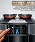 Top Shelf Automatic Espresso Machine Featuring Giant Interactive Touchscreen And Single Button Operation In Sleek Diamond Black Finish Includes Complete Gear Bundle For Serious Home Brewers Who Want Fire, displaying dual bean containers and touch panel.