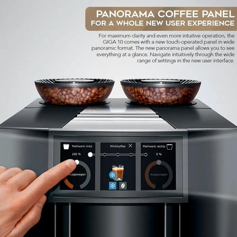 Top Shelf Automatic Espresso Machine Featuring Giant Interactive Touchscreen And Single Button Operation In Sleek Diamond Black Finish Includes Complete Gear Bundle For Serious Home Brewers Who Want Fire, displaying dual bean containers and touch panel.