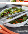 Salad bowl with Stainless Steel Utility Tongs 12 Inch With Locking Mechanism For Easy Grab And Go Storage In Drawer Or Crock