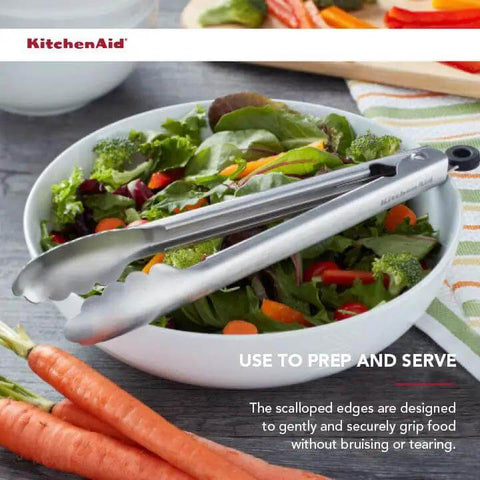 Salad bowl with Stainless Steel Utility Tongs 12 Inch With Locking Mechanism For Easy Grab And Go Storage In Drawer Or Crock