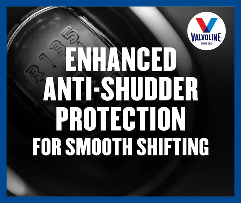 Image of gear shift with overlay text highlighting DEX MERC ATF Automatic Transmission Fluid 1 Quart Case Of 6, anti-shudder protection.
