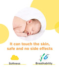 Sleeping baby on white blanket illustrating product softness and breathability with text emphasis on skin safety, no side effects.