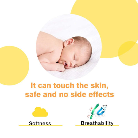 Sleeping baby on white blanket illustrating product softness and breathability with text emphasis on skin safety, no side effects.