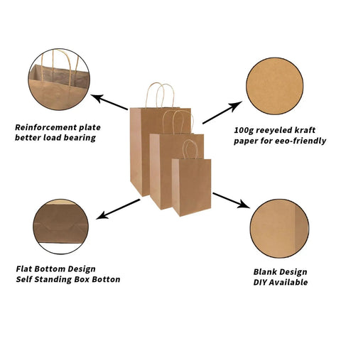 90 Pack Brown Kraft Paper Bags With Handles Bulk Assorted Sizes Small Medium Large featuring eco-friendly features and design elements
