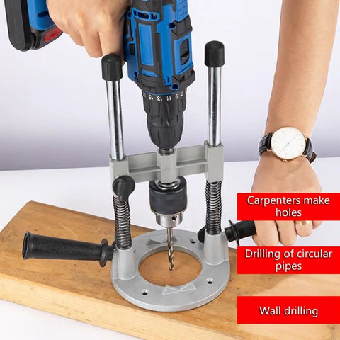 Person using Pro Grade Drill Press Jig for boss level precision in vertical and 90 degree angled boring on wooden board