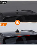 Before and after installation of Hyundai Kona Shark Fin Antenna Cover Glossy Black Roof Aerial Cap, 1 piece, sleek look.